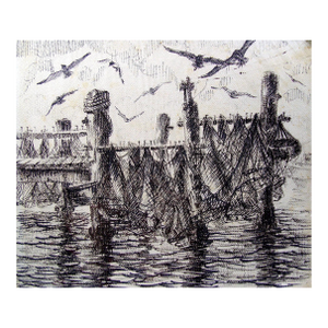 Mid 20th Century Harbor Scene With Drying Nets Pen & Ink Drawing
