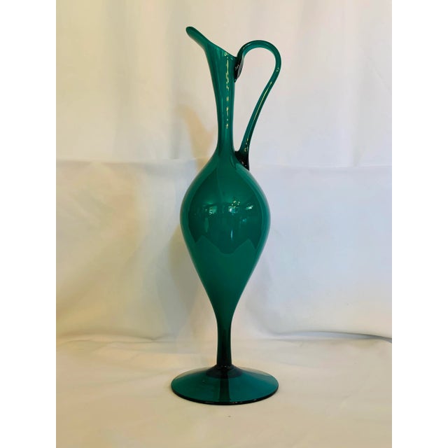 Teal Mid-Century Teal Over White Glass Pedestal Pitcher For Sale - Image 8 of 13