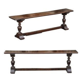 Two English Georgian Period Walnut Benches with Turned Legs and Cross Stretcher For Sale