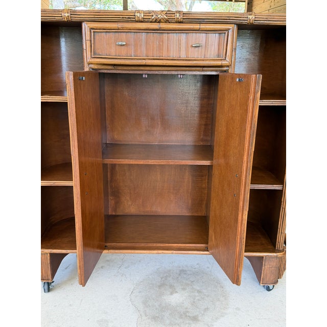 Wood Vintage Boho Coastal Rattan & Pencil Reed Rolling Bar Cabinet With Gallery Rail For Sale - Image 7 of 12