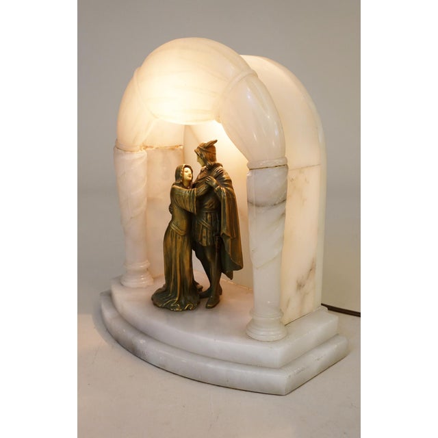 Art Nouveau 1920s Rare French Art Nouveau J. B. Hirsch Carved Alabaster Marble Bronze Table Lamp For Sale - Image 3 of 13