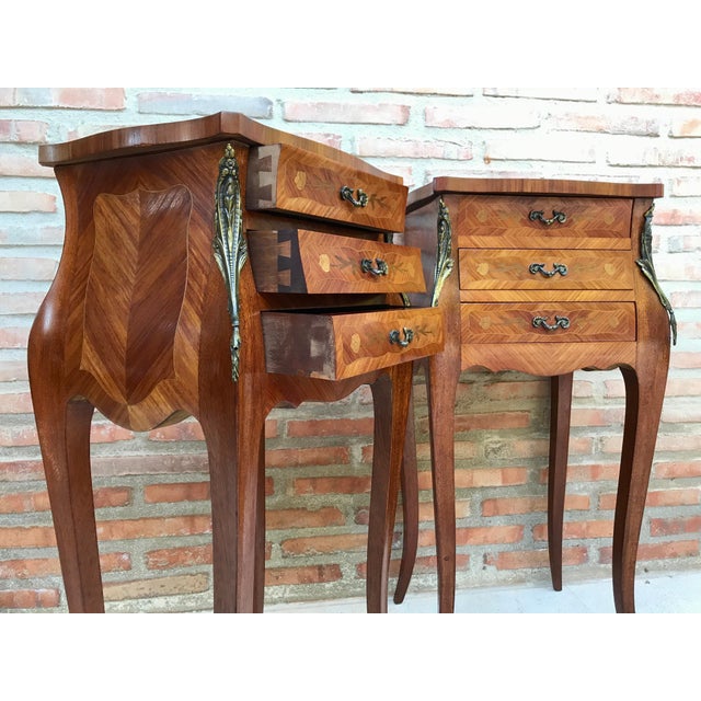 French Classic Louis Vx Style Marquetry Nightstands with Three Drawers, 1920s, A Pair For Sale - Image 4 of 18
