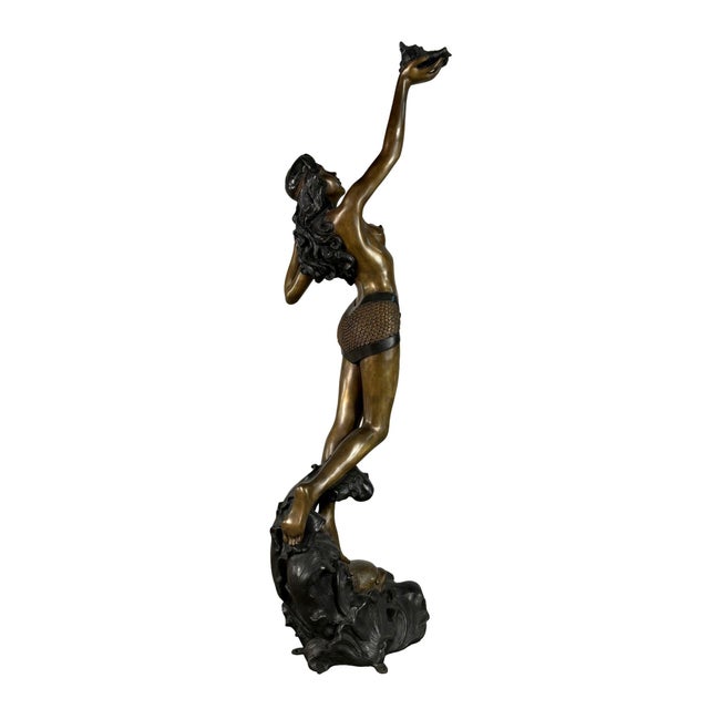 Metal Large Art Nouveau Sea Maiden Bronze Fountain With Shell - 64" H For Sale - Image 7 of 7