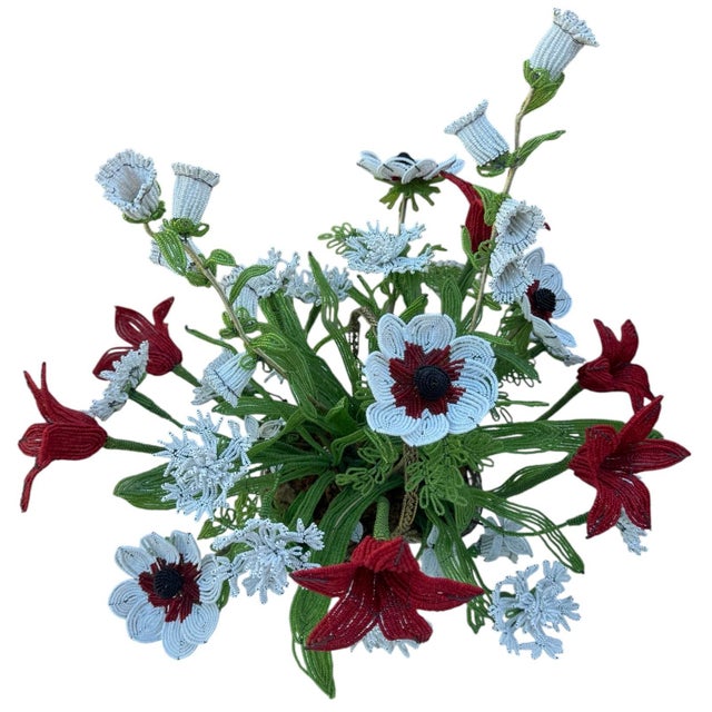 Vintage French Imortelle Glass Beaded Memorial Basket Bouquet For Sale - Image 11 of 12