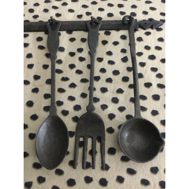 1960s Vintage Hand Made Cast Iron Utensils With a Matching Decorative Wall Hanger - 4 Pieces For Sale - Image 4 of 7