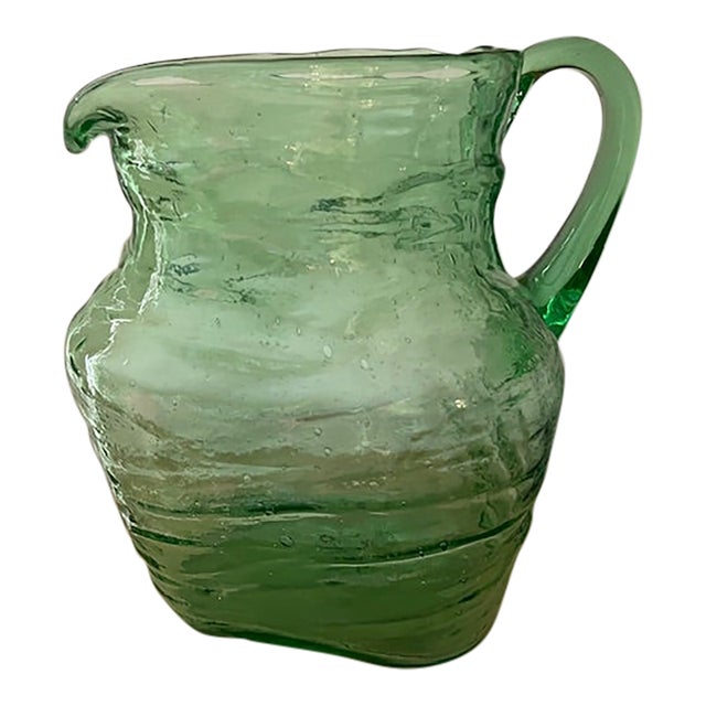 Mid Century Modern Hand Blown Green Glass Pitcher For Sale