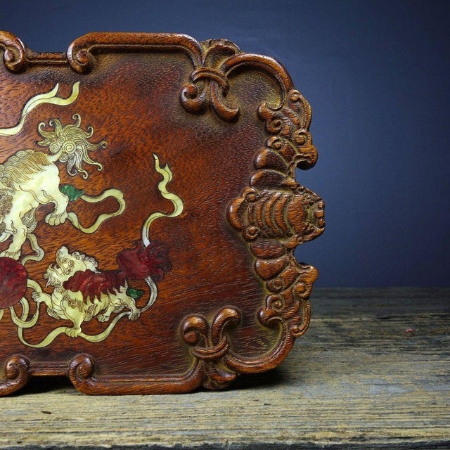 Asian Vintage Rosewood Tea Tray With Mother-of-Pearl Lion Inlay For Sale - Image 3 of 8