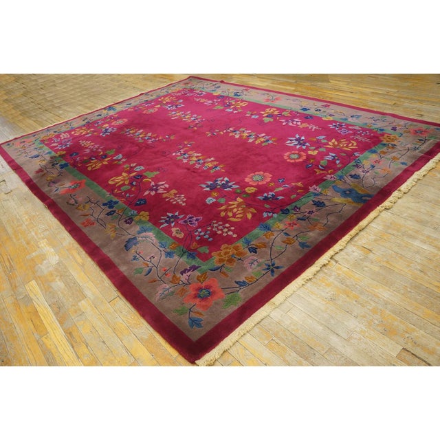 1920s Ruby Red Floral Vase Antique Chinese Art Deco Knotted Wool Rug 9' X 11'9" For Sale In New York - Image 6 of 10