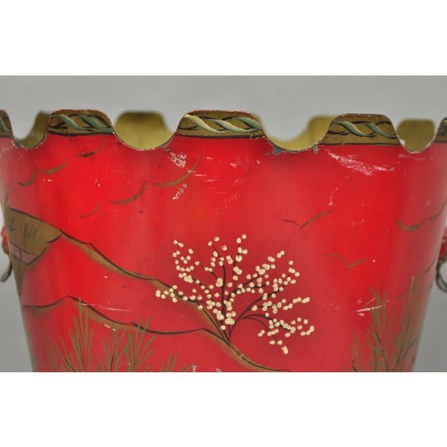 Mid 20th Century Italian Chinoiserie Hand Painted Oriental Red Tole Metal Wastebasket Trashcan For Sale - Image 4 of 18