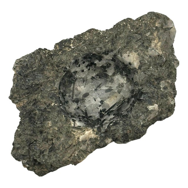 Decorative Stone Bowl in Quartz Crystal with Black Tourmaline Inclusions, Brazil, 1960s For Sale