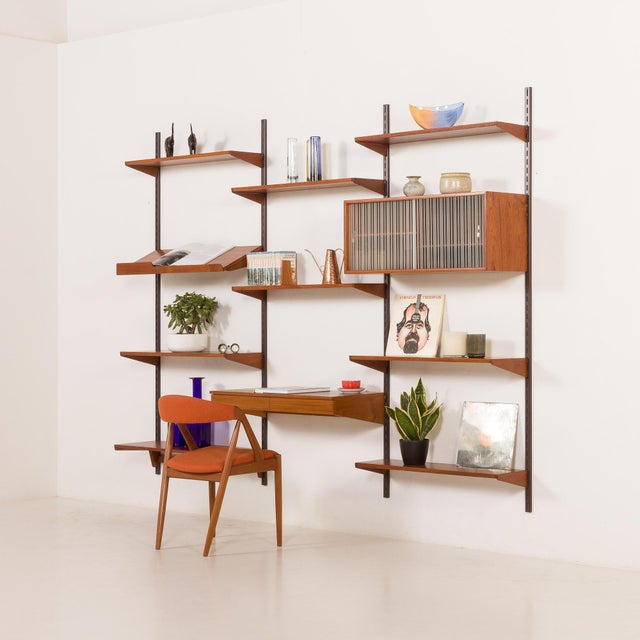 Mid-Century Modern Teak 3-Bay Wall Unit with Desk by Kai Kristiansen for FM Møbler, Denmark, 1960s For Sale - Image 3 of 18