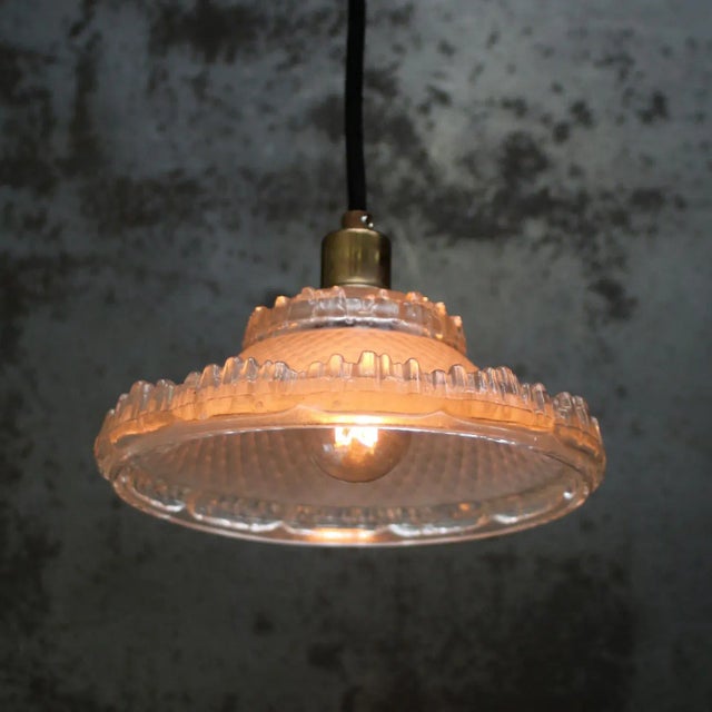 Art Deco French Brass and Etched Clear Glass Pendant Light, 1920s For Sale - Image 6 of 8