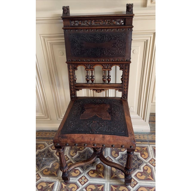 Late 19th Century Set of 3 Antique French Henri I| Walnut Wood & Leather Dining Chairs, Ornate Lion Carvings, Loire Valley, 1880 For Sale - Image 5 of 8