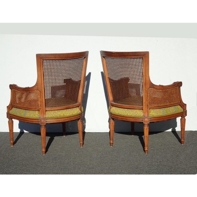 Pair of Vintage French Louis XVI Cane Bergere Green Arm Chairs For Sale - Image 12 of 12