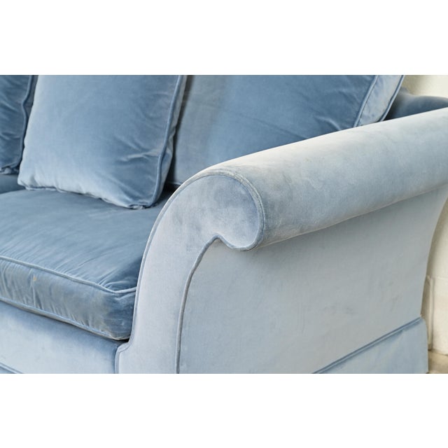 Baker Furniture Blue Velvet Upholstered Roll Arm Sofa For Sale In South Bend - Image 6 of 13