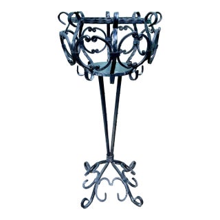Vintage Black Wrought-Iron Scrollwork Pedestal Plant Stand For Sale