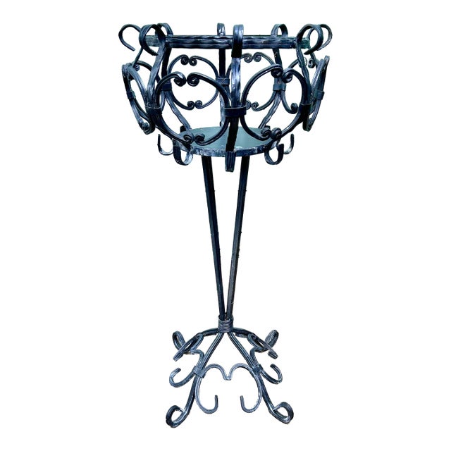 Vintage Black Wrought-Iron Scrollwork Pedestal Plant Stand For Sale