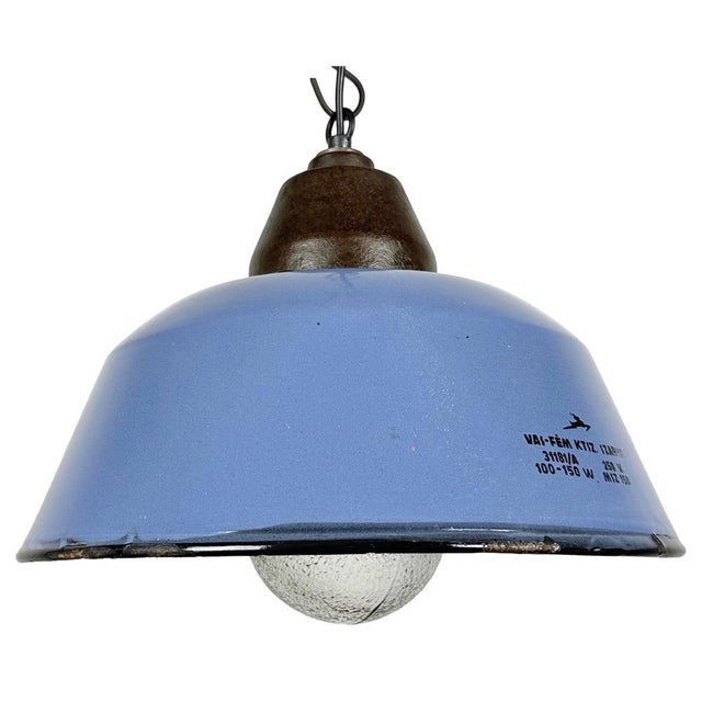 Industrial Blue Enamel and Cast Iron Pendant Light with Glass Cover, 1960s For Sale - Image 18 of 18