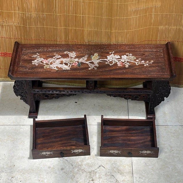 Mid 20th Century Vintage Chinese Hardwood Mother-of-Pearl Inlaid "Magpie & Plum" Altar Table (Tea Stand) For Sale - Image 5 of 9