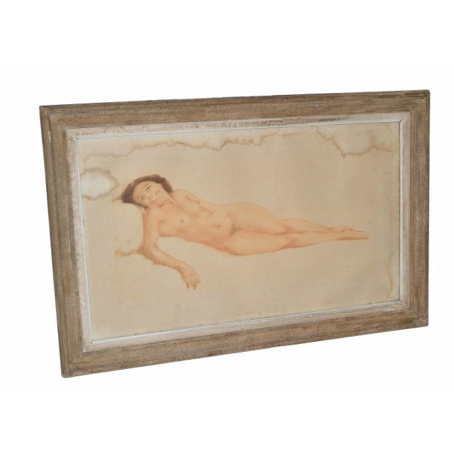 Signed by Artist French Midcentury Framed Glass Oil Painting Resting Nude Woman For Sale - Image 12 of 13