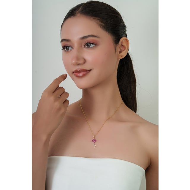 Ruby Red 1.02ct Heirloom Ruby Flower Key Pendant With Diamond in 14k Yellow Gold For Sale - Image 8 of 13