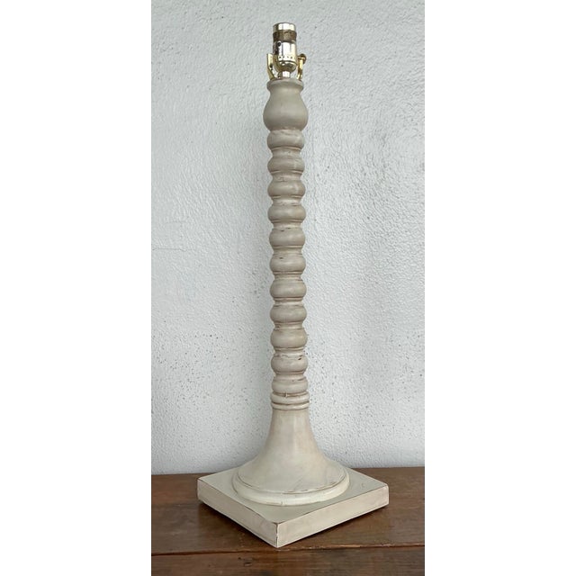 Cream Vintage Patinated Carved Bobbin Lamp For Sale - Image 8 of 12