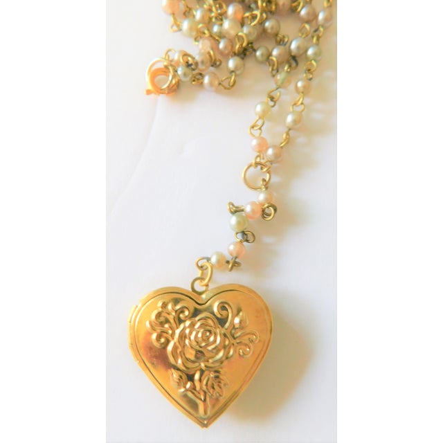 Brass Vintage Heart Embossed Locket on Pearl Link Drop and Chain, Two Photo For Sale - Image 8 of 8