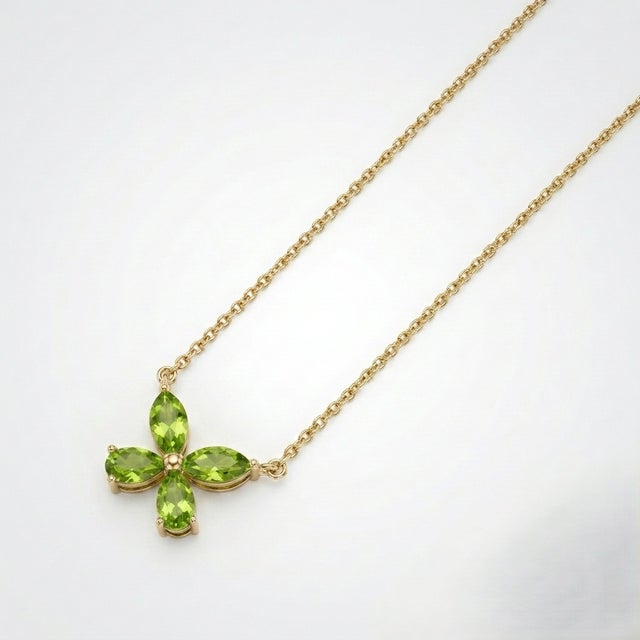 Natural Peridot Flower Cluster Necklace | Dainty Birthstone Floral Necklace For Sale - Image 4 of 4