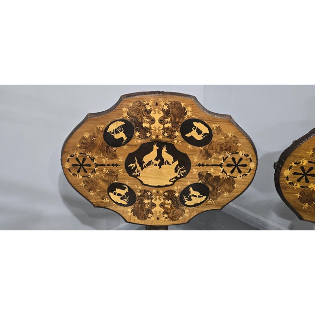 Rare pair of Black Forest walnut occasional lamp tables, inlaid with satinwood,ebony and burr walnut, carved and pierced...