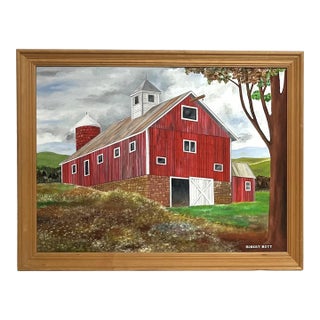 Late 20th Century Red Barn in Summer by Robert Bott - Oil on Board, Framed For Sale