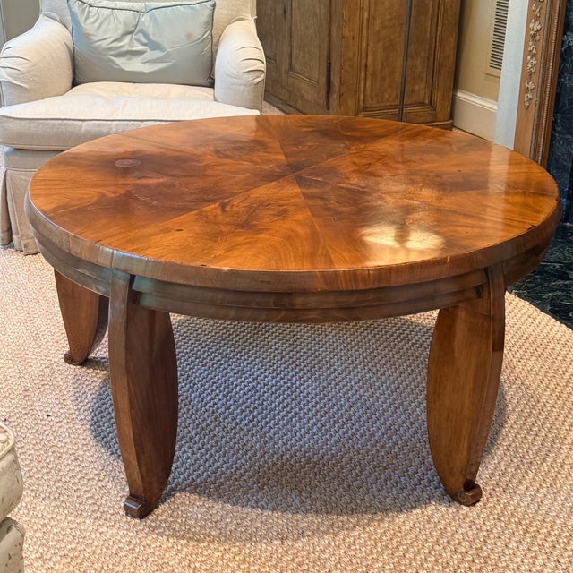 Early Art Deco Biedermeier Revival Coffee Table Likely an early 1900s table with a distinct burl pie pattern top and...