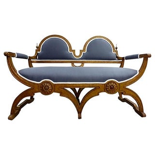 Neoclassical Style Grey Linen Love Seat For Sale