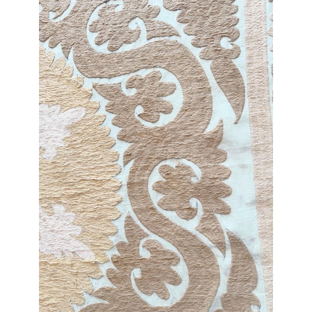 Suzani Embroidered Wall Hanging - Neutral Tan Asian Embroidery 4'2'' X 4'5'' For Sale - Image 4 of 9