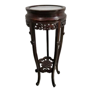 Chinese Carved Wood Display Pedestal Plant Stand With Inset Marble Top