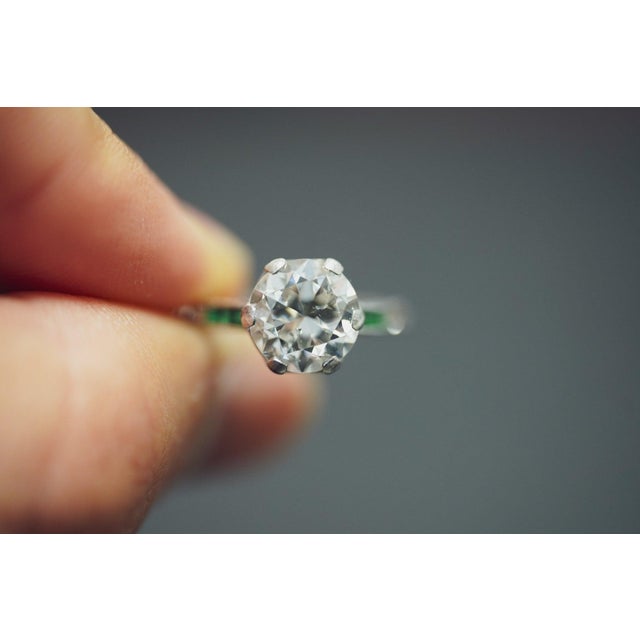 Metal Art Deco 2.5 Carat Old Euro Cut Diamond & Emerald Engagement Ring in Platinum, Size 5.75 For Sale - Image 7 of 9