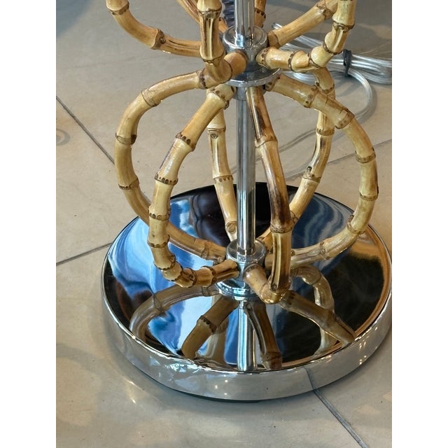 Wood Vintage Modern Italian Bamboo & Chrome Floor Lamps Newly Wired - Pair For Sale - Image 7 of 13