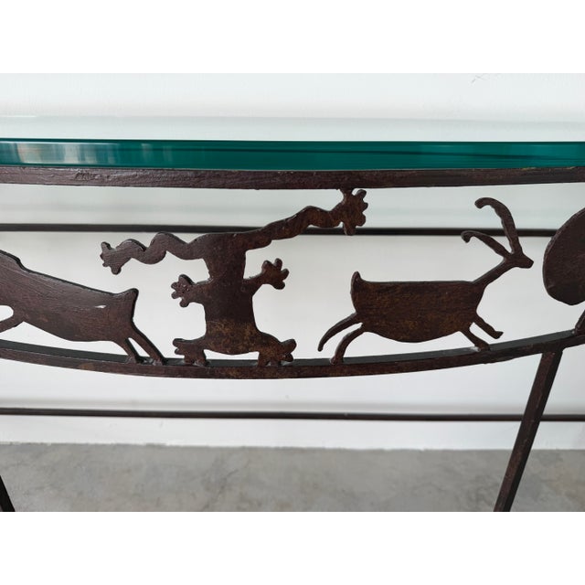 Rustic 1980’s Rosemary Pozzi Franzetti Taos Style Hand-Cut Oxidized Steel Demilune Console Table/ Sold For Sale - Image 3 of 12