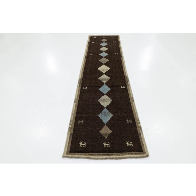 Hand-Knotted Modern Gabbeh Wool Runner – Dark Brown Tribal With Diamond Pattern For Sale - Image 4 of 7