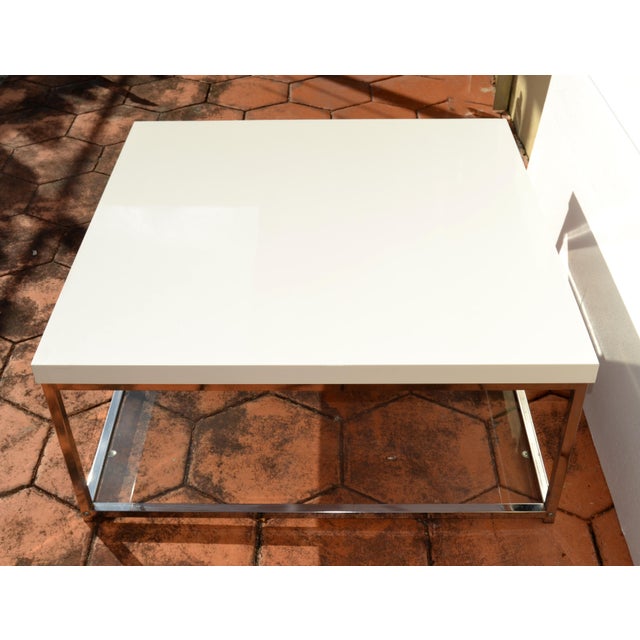 Modern White Glossy Top Chrome Coffee Table With Tempered Glass Bottom Shelf For Sale - Image 10 of 18