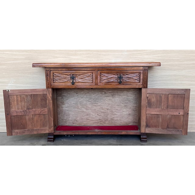 19th Spanish Narrow Baroque Carved Walnut Tuscan Two Drawer Credenza or Buffet For Sale - Image 4 of 11
