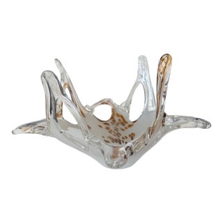 Vintage Murano Italian Art Glass Freeform Centerpiece Bowl Amber Gold Flecks 13” Hand Blown For Sale