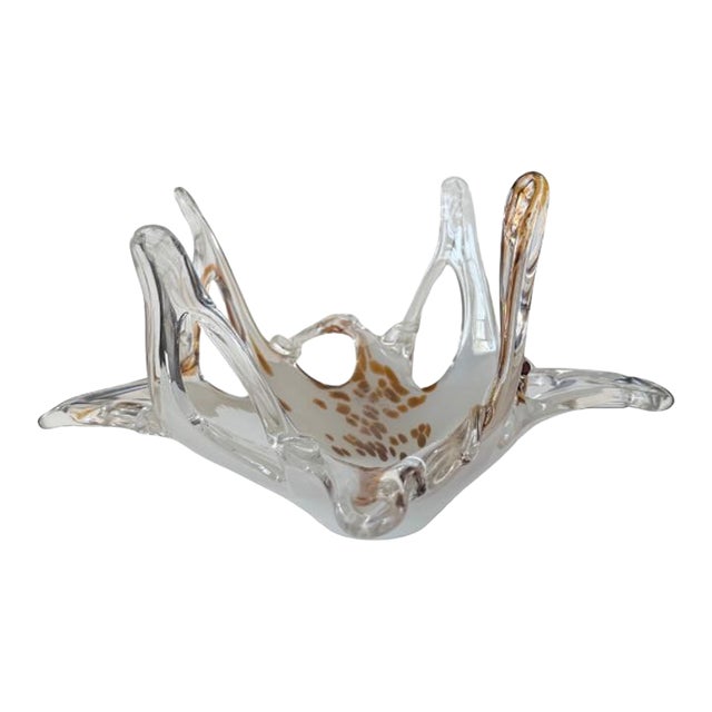 Vintage Murano Italian Art Glass Freeform Centerpiece Bowl Amber Gold Flecks 13” Hand Blown For Sale