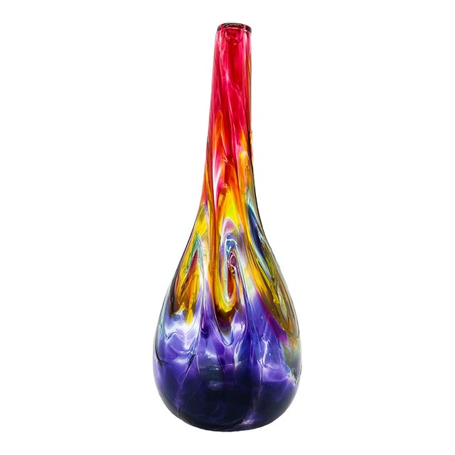 Vibrant Hand-Blown Art Glass Vase – Murano Style Rainbow Swirl – Mid-Century Modern / Contemporary Studio For Sale