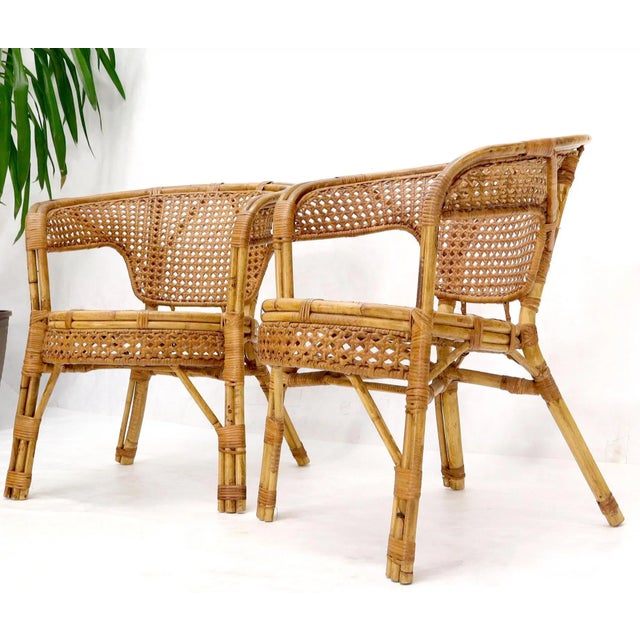 Pair of Stunning Round Barrel Shape Bamboo Rattan Cane Seat Chairs For Sale - Image 10 of 13