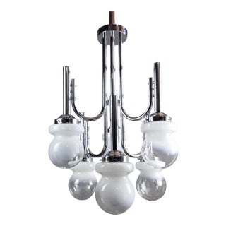 Large 1960s Space Age Italian Six-Light Chandelier in Chrome and Murano Glass For Sale