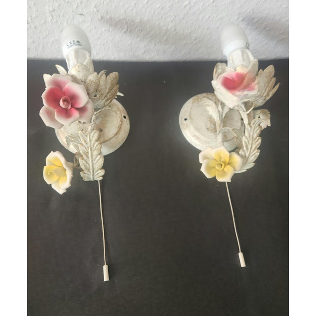 Cream Vintage Wall Lamp with Floral Porcelain Elements, 1960s, Set of 2 For Sale - Image 8 of 18