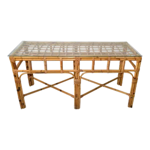 American Mid-Century Modern 6 Legs Bent Bamboo & Rattan Glass Top Console Table