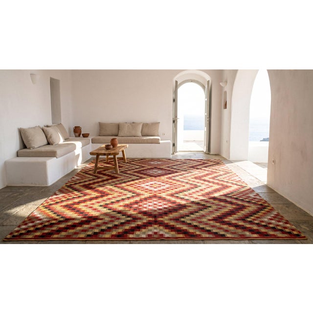 Decorative Antique Turkish Kilim Oushak Rug With a Tricolor Tridimensional Zig Zag Ground Color For Sale In New York - Image 6 of 8