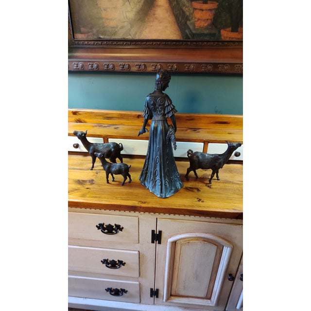 1920s Antique Cast Bronze Woman Feeding Goats 4 Piece Art Deco Sculpture - Stunning For Sale - Image 5 of 9