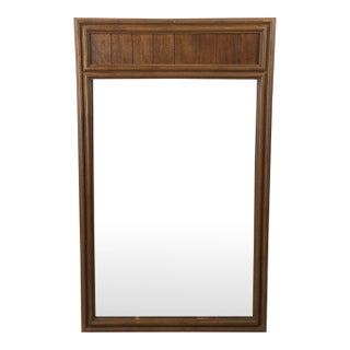 Mid Century Modern Rectangular Wall Mirror With Inlaid Wood Panel on Top of Frame For Sale